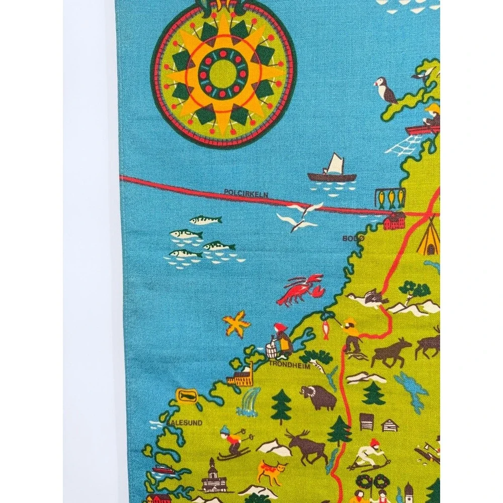 Ilustrated Fabric Scandinavia Map Wall Hanging VTG Tapestry MCM Decor